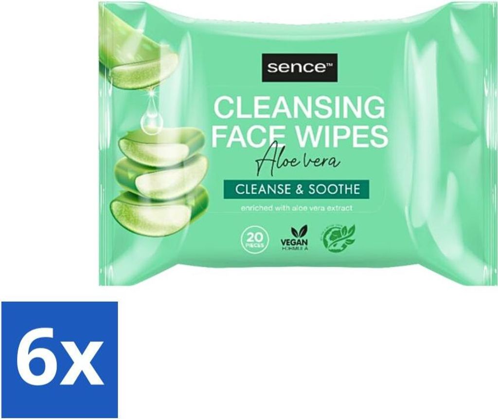 Sence - Aloe Vera - Gesichtsreinigungstücher - Beruhigend - 20 Tücher - Vorteilspack - 6 Stücke
