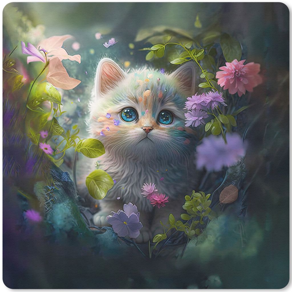 MuchoWow Mauspad Mousepad Kätzchen - Blumen - Wald - Illustration - Katze 30x30 cm - Mousepads - Maus Mat - Pad - Mausunterlage - Gaming