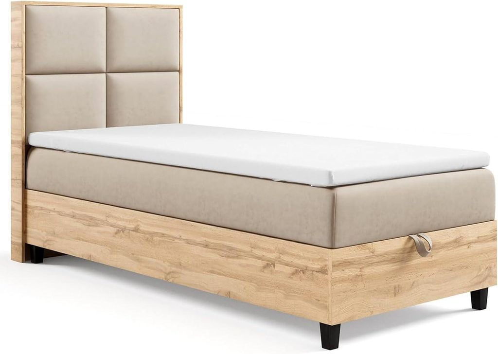 Trinity K-2 Einzelbett 90x200 Creme | Boxspringbett mit Bettkasten | Bonellfederkern & Topper | Polsterbett mit Kopfteil | Lieferung Bordsteinkante