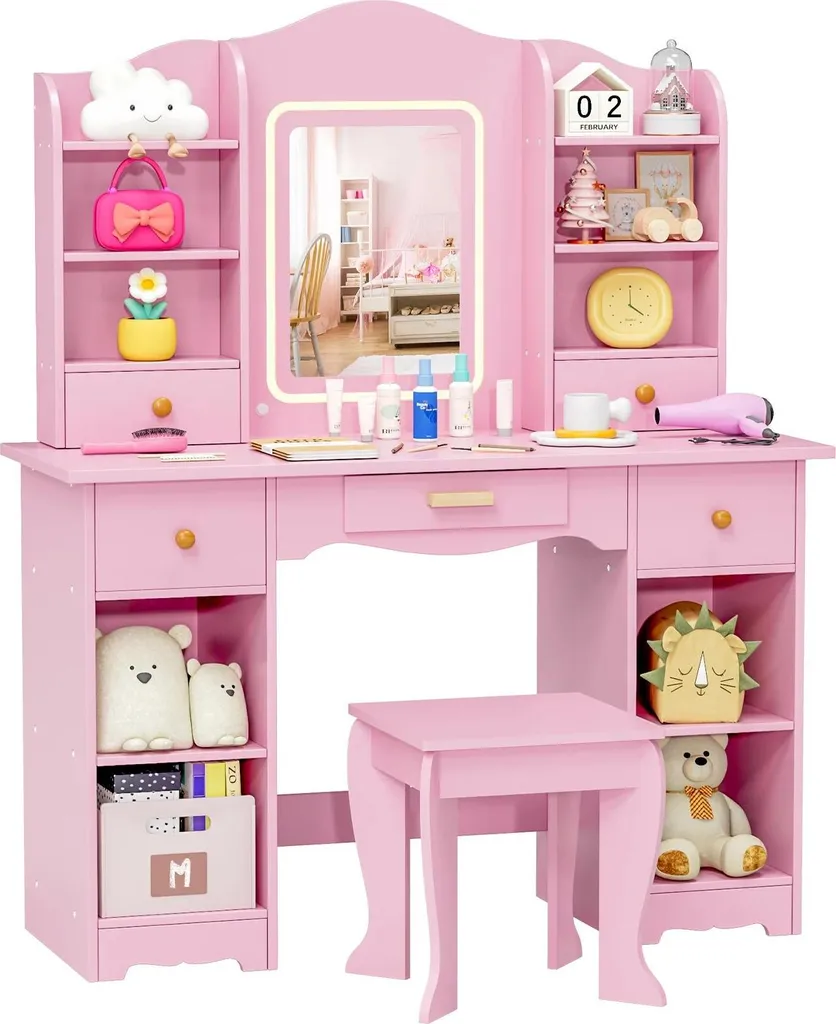 Ensemble coiffeuse pour enfants bois rouge avec tabouret et miroir LED