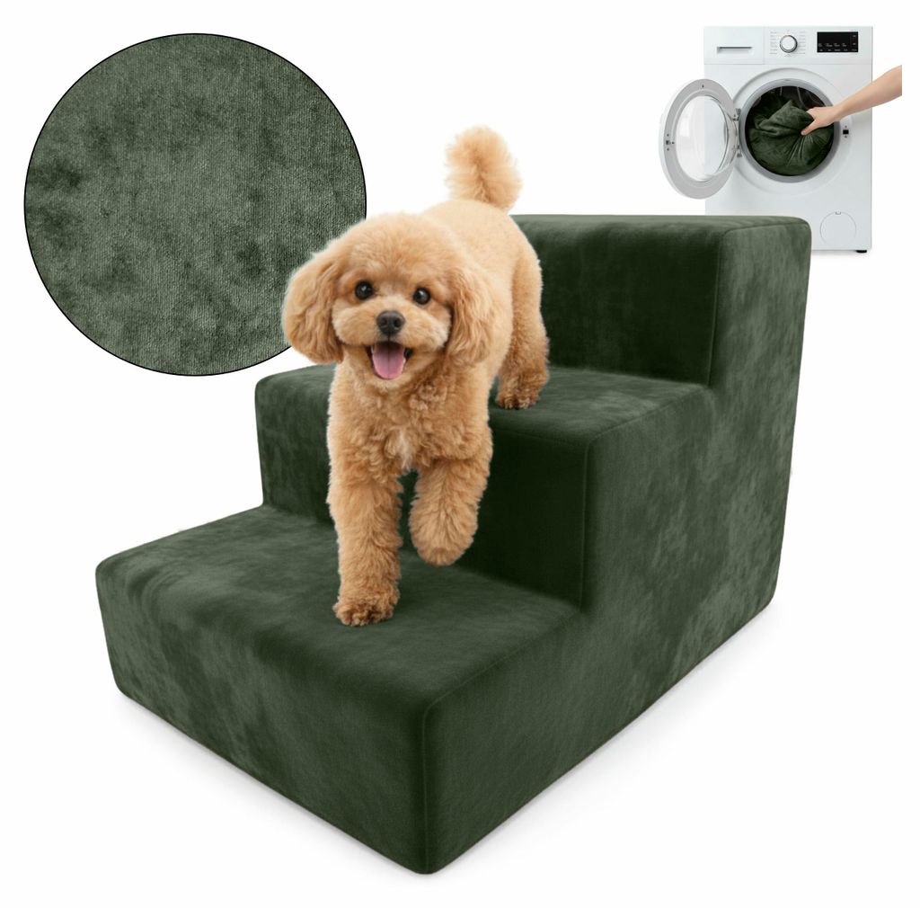 Muralo Treppe für Hund und Katze Rampe HUNDETREPPE Treppe für Haustiere 3 Stufen Khaki Magic Velvet Stoff