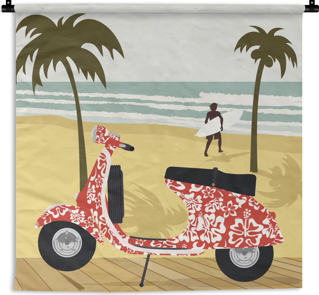 MuchoWow Wandteppich Wandbehang Illustration einer roten Vespa am Strand 150x150 cm Tapisserie Dekoration Wandtuch - Wohnaccessoires - Modernes