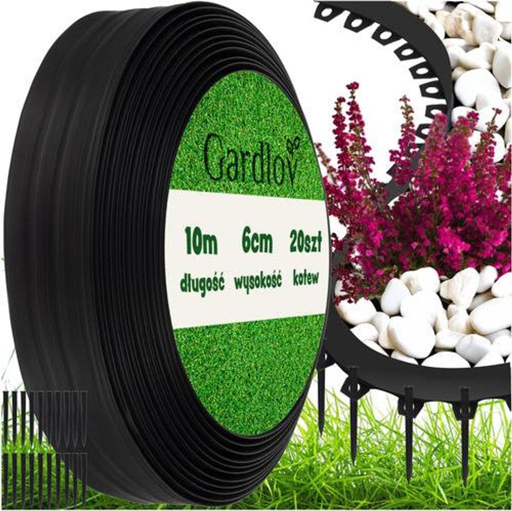 A roll of black garden edging is shown with a label indicating its dimensions and brand. In the background, white stones and pink flowers are visible, with some of the edging installed in grass.