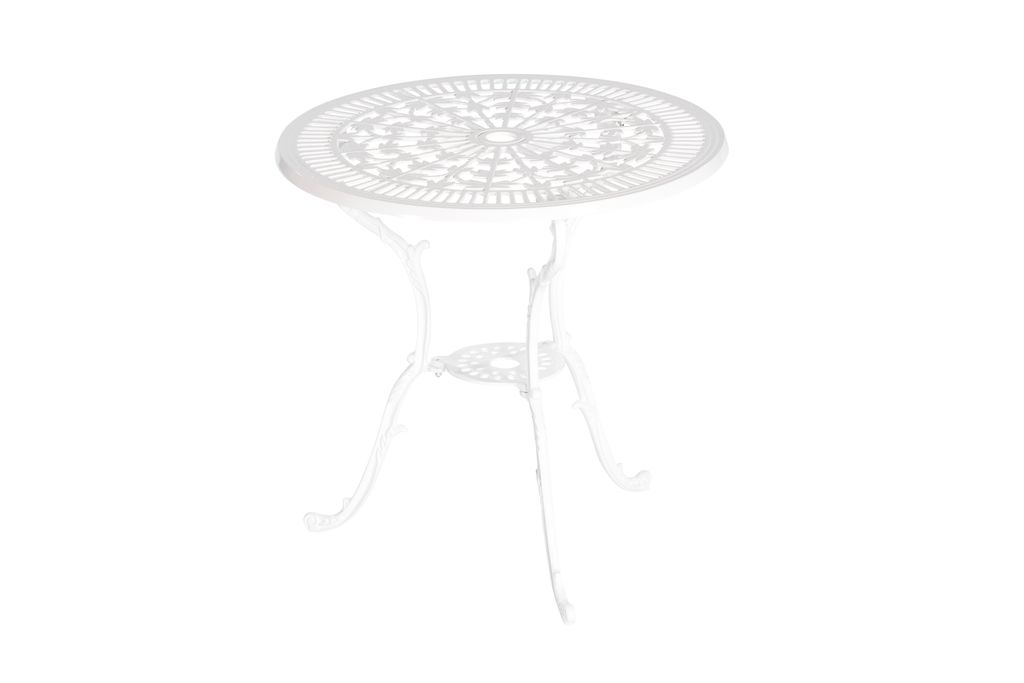 A white cast aluminum garden table with a decorative top and three legs, isolated on a white background.