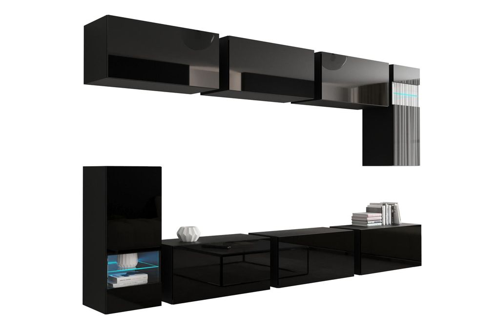 Wohnwand Borneo FMB3 – schwarz – mit dekorativer Beleuchtung, modern, hochglänzend.