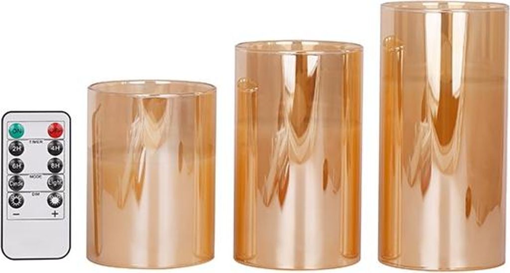 INF 3er Set LED Flammenlose Kerzen mit Glas und Fernbedienung für Zuhause Gold