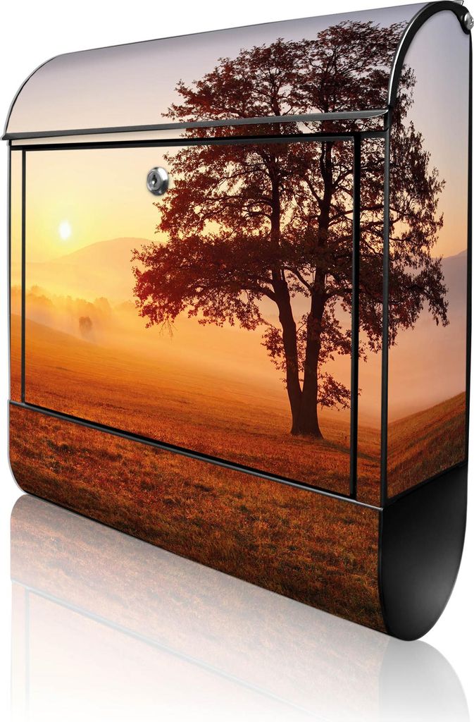 banjado Design Briefkasten Stahl schwarz mit Zeitungsfach pulverbeschichtet "Sonnenaufgang" 38x46x12,5cm & 2 Schlüssel - Postkasten A4 Einwurf ink...