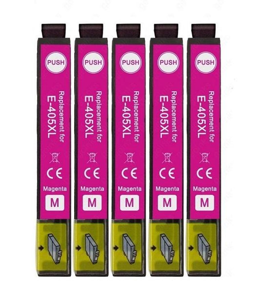 Five magenta ink cartridges are lined up against a white background.