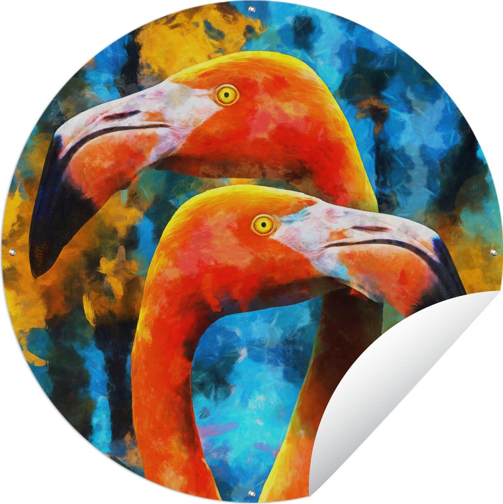 MuchoWow Gartenposter Outdoor-Poster Rund Gemälde - Ölfarbe - Flamingo Ø 60 cm Gartendeko Rundes Poster draußen
