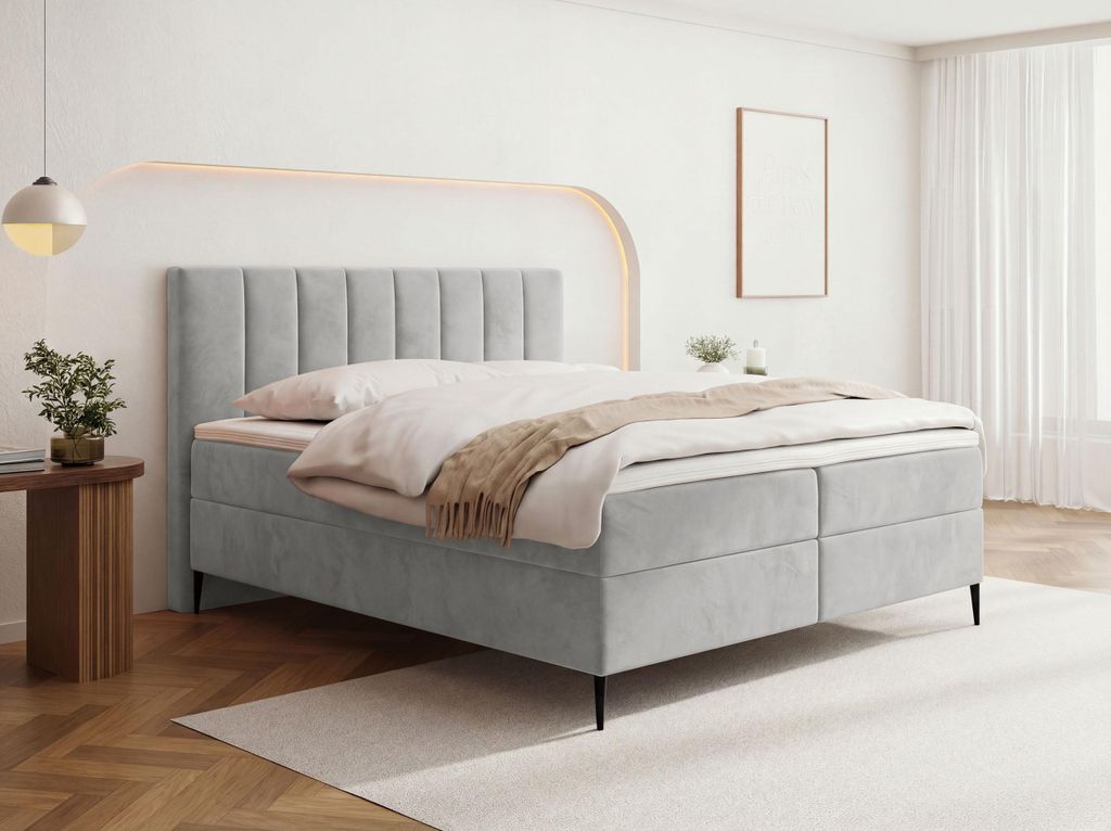 Boxspringbett mit Bettkasten – Polsterbett 140 x 200 cm mit H4 Taschenfederkern 7-Zonen Matratze & 5 cm Topper – Stauraumbett mit hohem Kopftei...