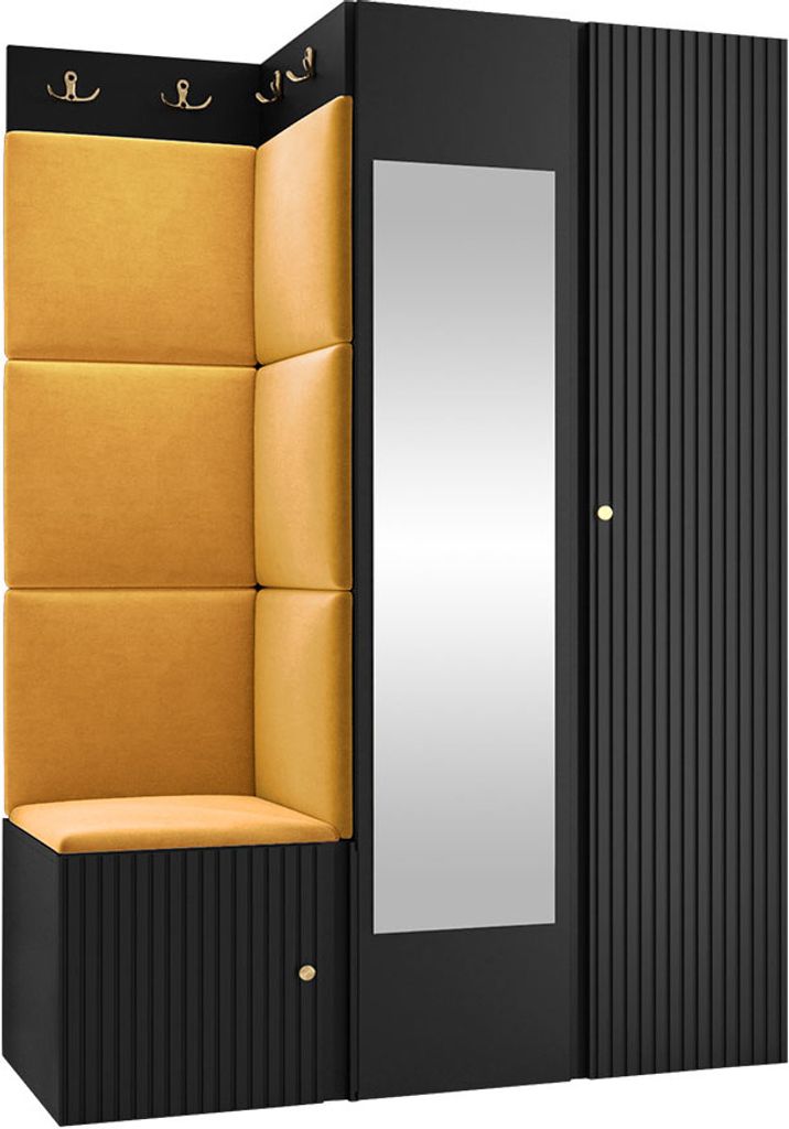 MIRJAN24 Garderoben-Set Orion Ryfel Slim XXIV, Kleiderschrank, Schuhschrank, Kleiderhakenbrett, 7x Paneel 42x42, Spiegel, 8 Kleiderhaken, Metallgri...