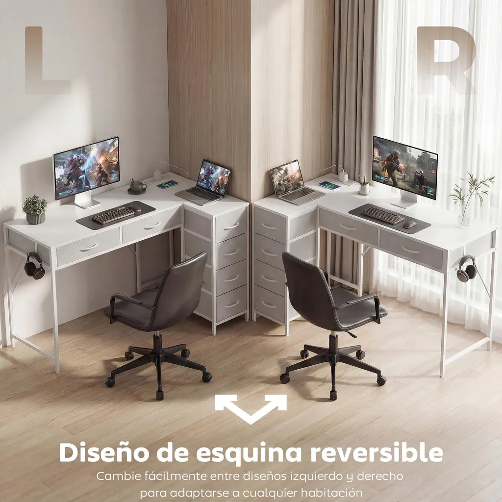 Bureau en L blanc anti-câbles apparents avec prises USB intégrées compacte - 3