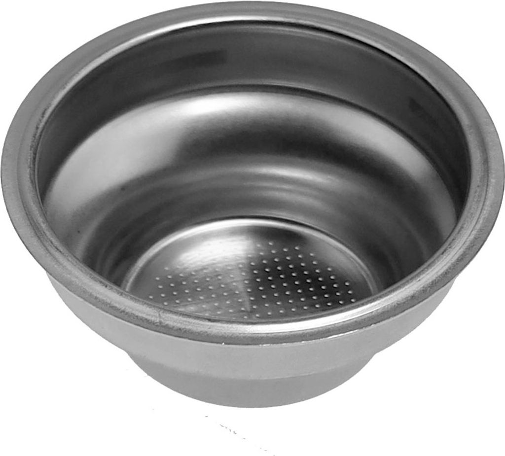 A close-up, studio shot of a single stainless steel coffee filter basket.