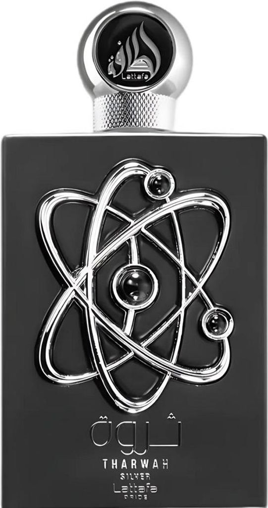 A black perfume bottle with a silver atomic symbol design and silver cap.