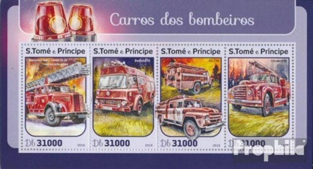 Briefmarken Sao Tome e Principe 2016 Mi 6891-6894 Kleinbogen (kompl. Ausgabe) postfrisch Feuerwehrauto