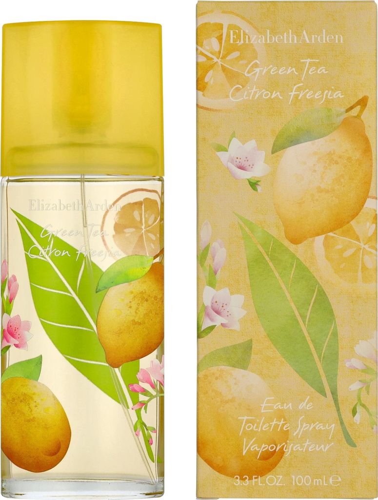 A perfume bottle and its packaging, both featuring lemon and floral designs.
