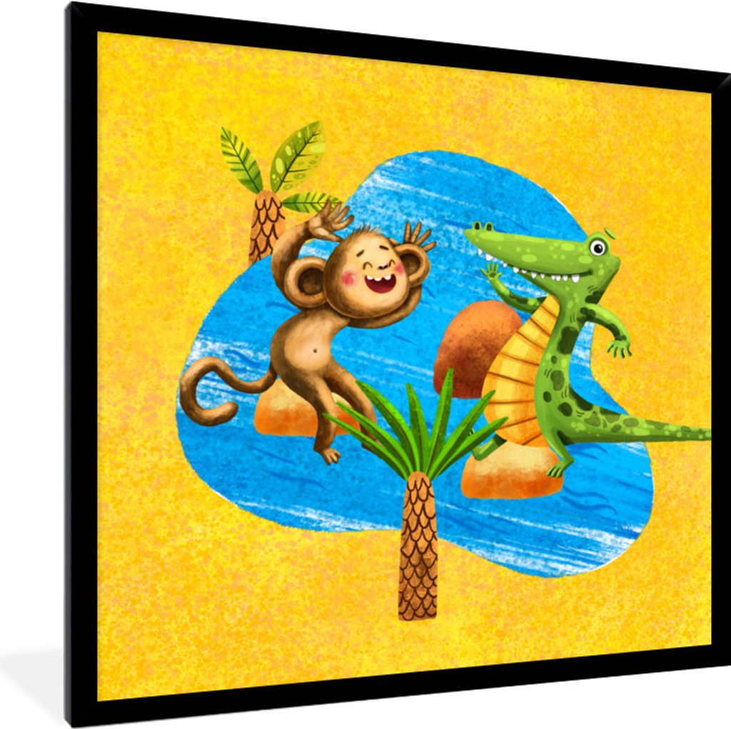 MuchoWow MuchoWow Gerahmtes Poster Affe - Krokodil - Dschungel - Wasser 40x40 cm - Poster mit zchwarzem Bilderrahmen - Mit Rahmen - Wanddekorat...