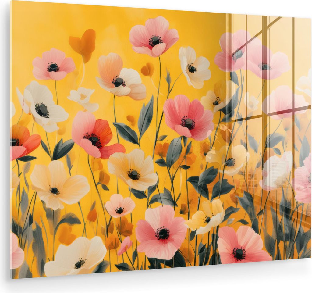 MuchoWow Glasbilder - Bilder auf Wandbild - Foto auf Glas Blumen - Feld - Gelb 80x60 cm Wanddekoration aus Glas - Acrylglasbild - Acrylbilder - Wan...