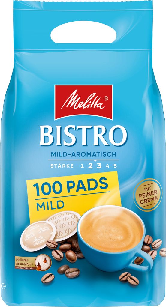 A bag of Melitta Bistro coffee pads with a cup of coffee and coffee beans.