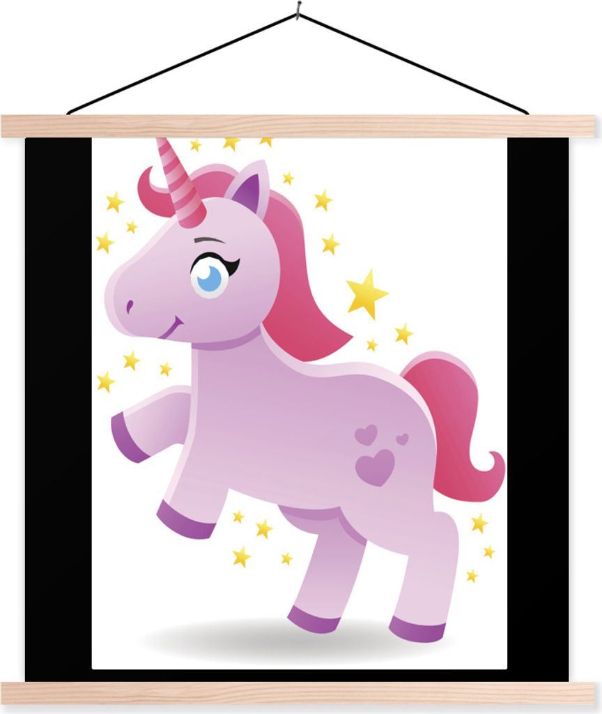 MuchoWow Textilposter Eine Illustration eines rosa Einhorns mit Sternen - Mädchen - Kinder - Kinder 60x80 cm mit holzfarbenen Rahmen - Wandbild