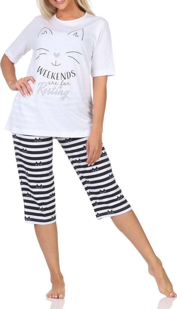Normann Damen kurzarm Capri Schlafanzug Pyjama in Katzen Optik – auch in Übergrößen ; weiß , 44
