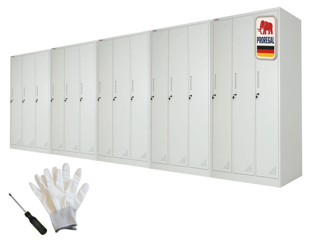 Mega Deal 5x Spind Schrank ELEPHANT Metall | 3 Abteile, abschließbar | HxBxT 180x90x50cm | mit Kleiderstange, 2 Fächern & 3 Kleiderhaken pro Abte...