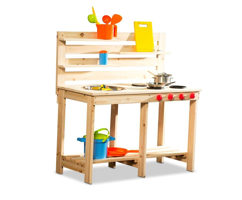 Matschküche mit Wasserhahn Kinderküche mit Zubehör 14-Teilige Spielküche Holz 
