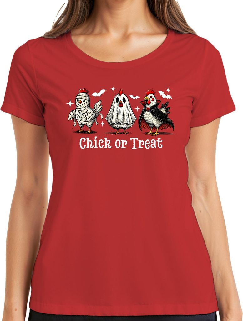 Chick or Treat Halloween Huhn Küken Kostüm Vampir Geist Mumie Damen T-Shirt, Rot, XL