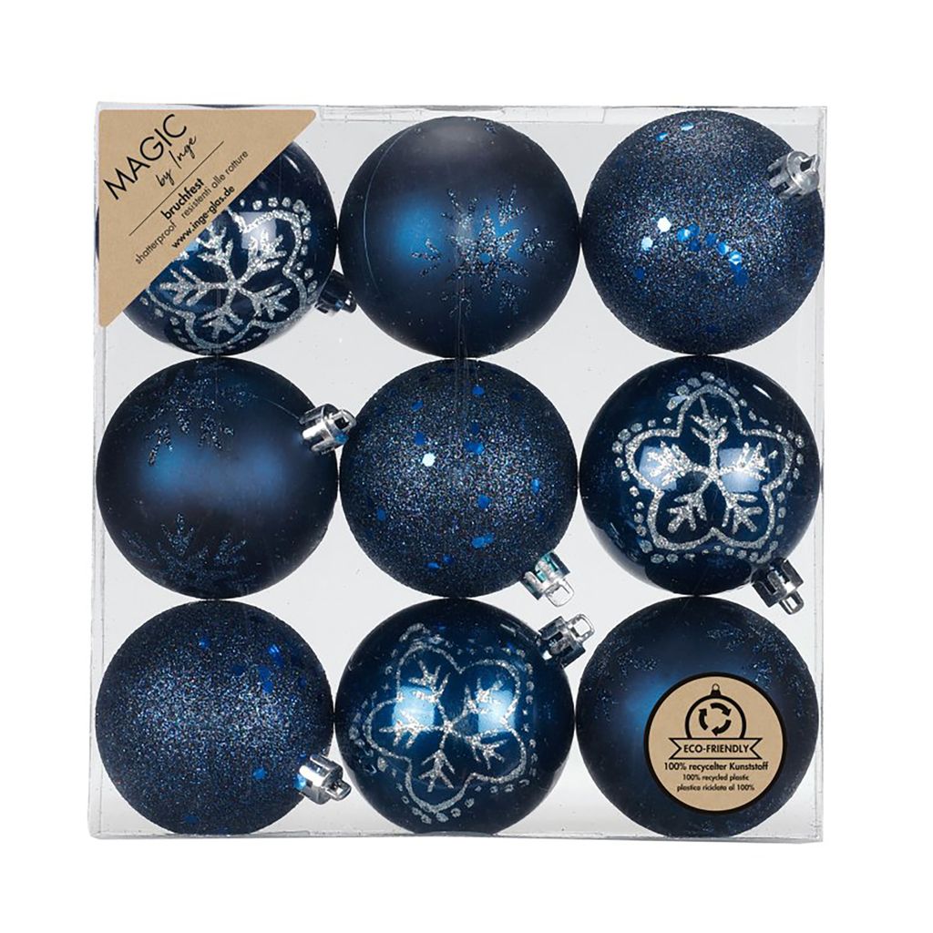 Weihnachtskugeln Kunststoff 6cm mit Glitzer 9er Set - Night Blue