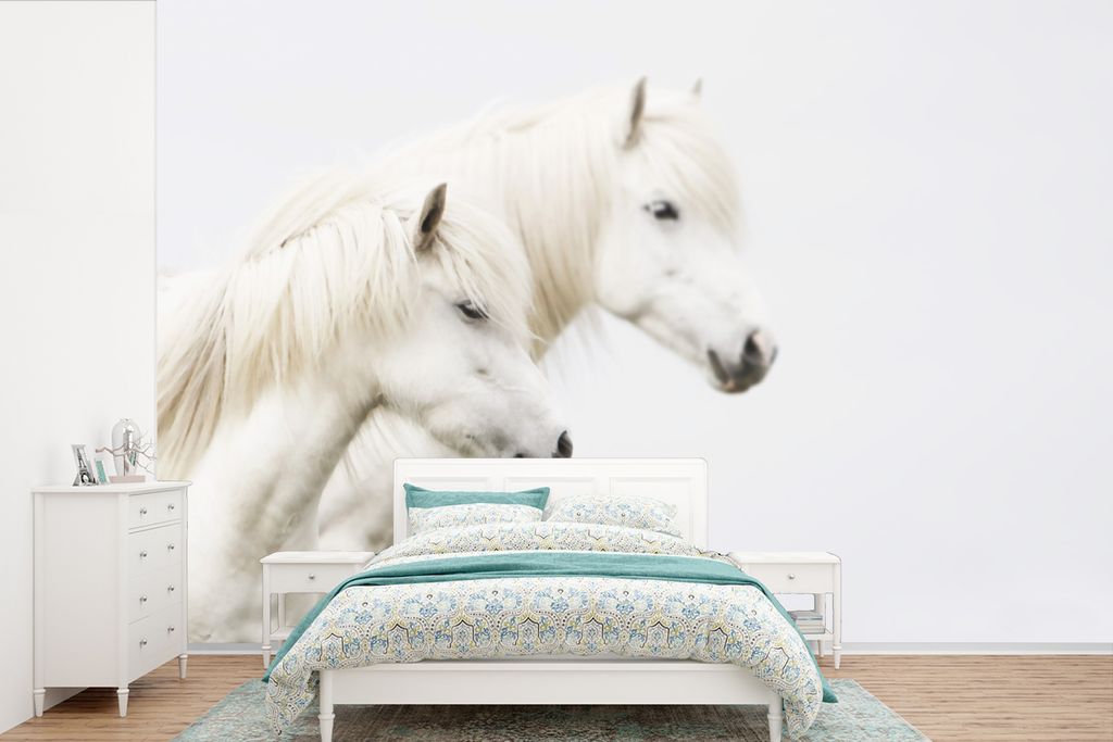 MuchoWow Fototapete für Wohnzimmer oder Schlafzimmer Wandtapete Vinyl Motivtapete Pferde - Weiß - Tiere - 450x300 cm - Gemusterte
