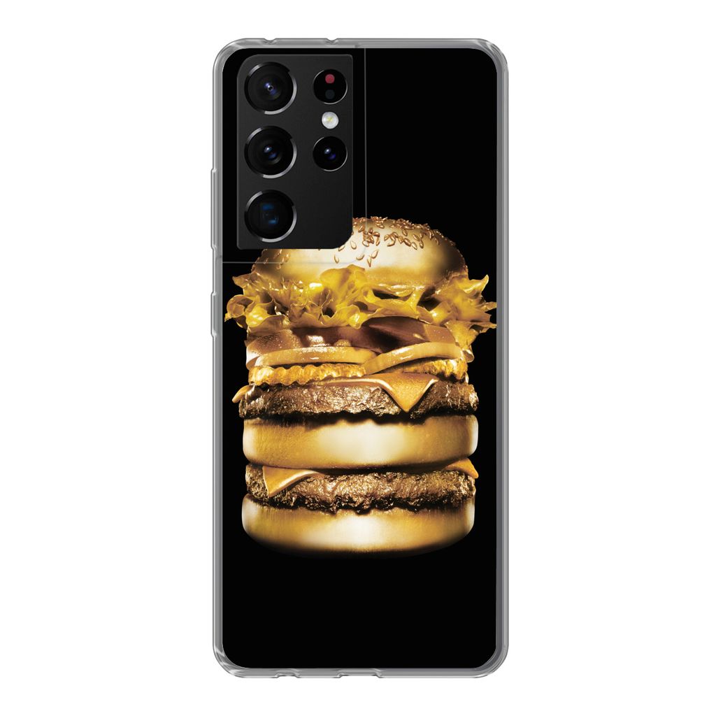 MuchoWow Handyhülle Schutzhülle Hülle für Samsung Galaxy S21 Ultra Goldener Hamburger auf schwarzem Hintergrund. Silikon Softcase Handy Hüll...