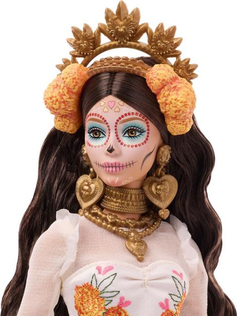 Close-up of a Barbie doll dressed for Dia de Muertos.