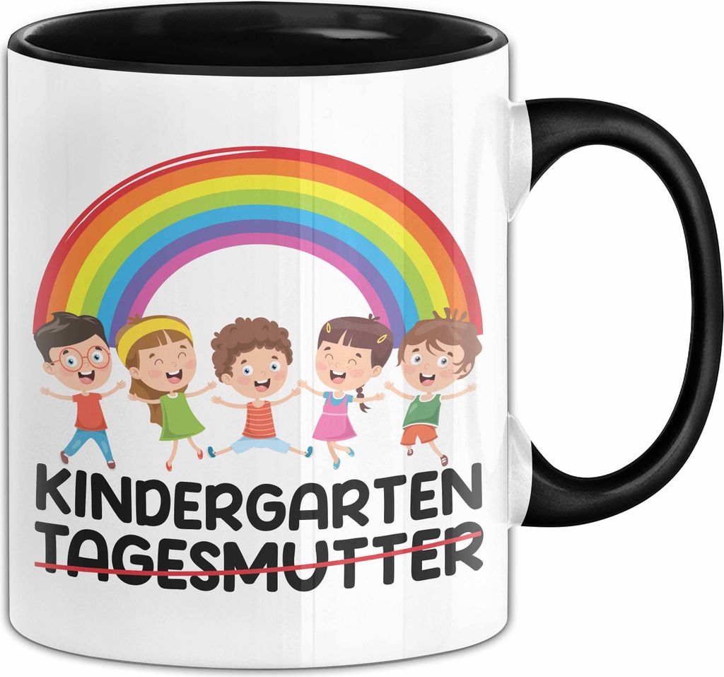 Endlich Kindergarten Geschenk Tasse Tagesmutter Geschenkidee Geschenkidee für Kindergartenkind Kaffee-Becher (Schwarz)