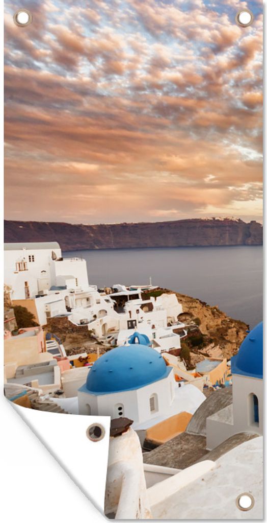 MuchoWow 40x80 cm Outdoor-Poster Gartendeko Sichtschutz Garten Poster für den Garten Sonnenaufgang über dem Wasser in Oia Griechenland