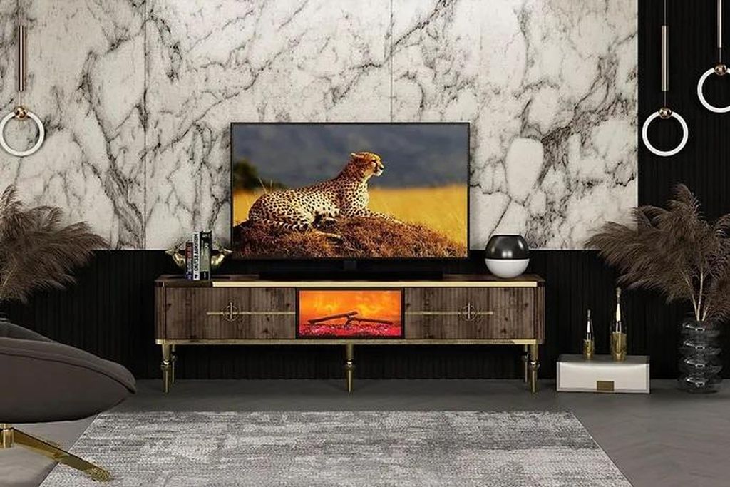 TV-Sideboard Wohnzimmer s dunkelbraunes MDF + Metall gold neu