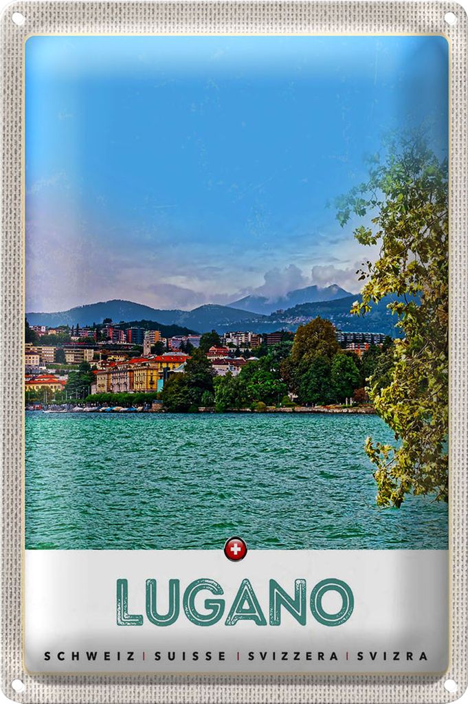 Blechschild Reise 18x12cm Lugano Schweiz See Ausblick auf Stadt