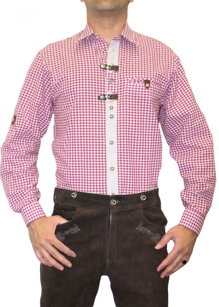 German Wear, Trachtenhemd für Lederhosen mit Verzierung weinrot/kariert, Größe:XL