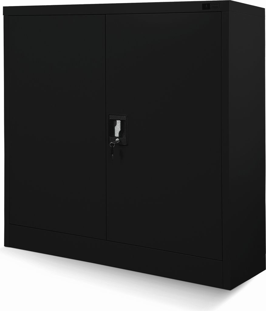 A black metal filing cabinet with two doors and a lock.
