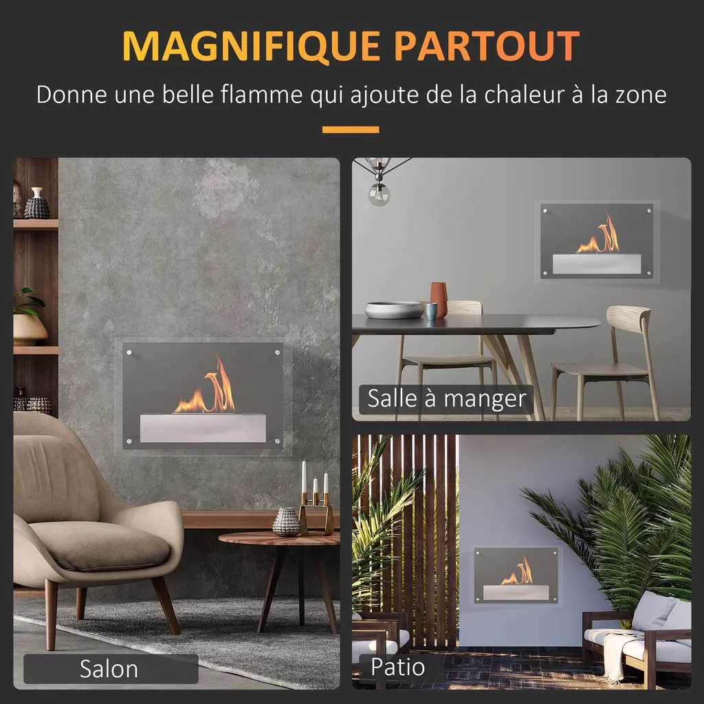 Cheminée bioéthanol murale encastrable sans fumée ni odeur acier 60 cm - 8