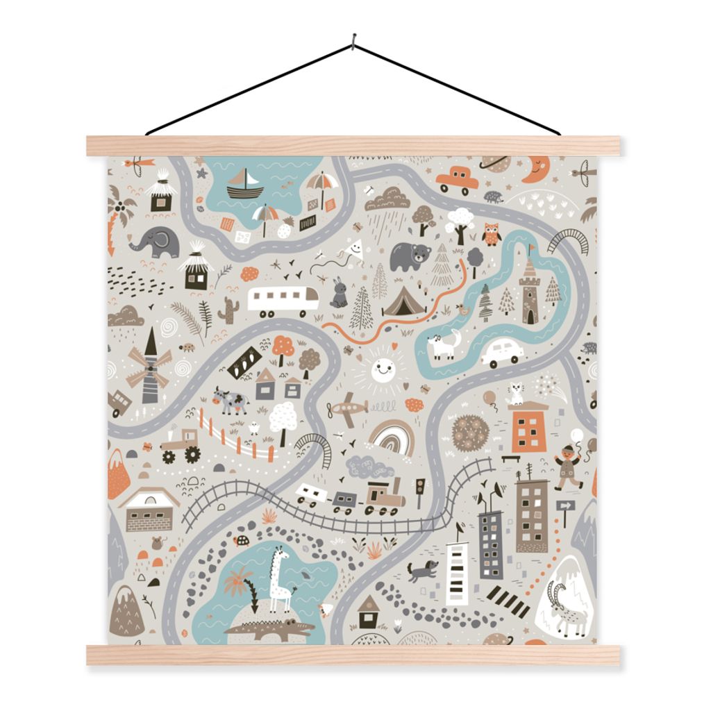 MuchoWow Textilposter Auto - Kinder - Stadt - Tiere 60x60 cm mit holzfarbenen Rahmen - Wanddekoration