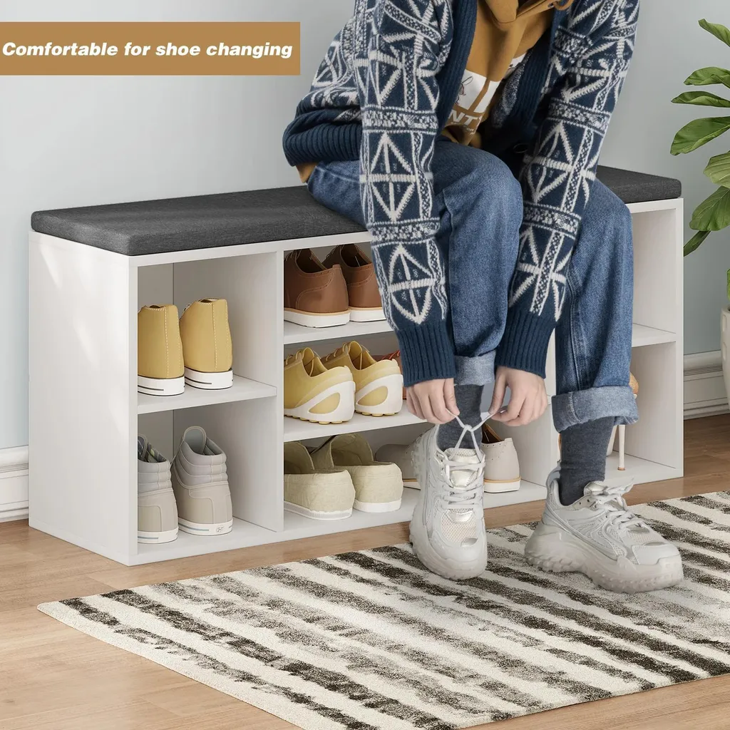 Meuble de rangement chaussures avec assise confortable en tissu et bois - 4