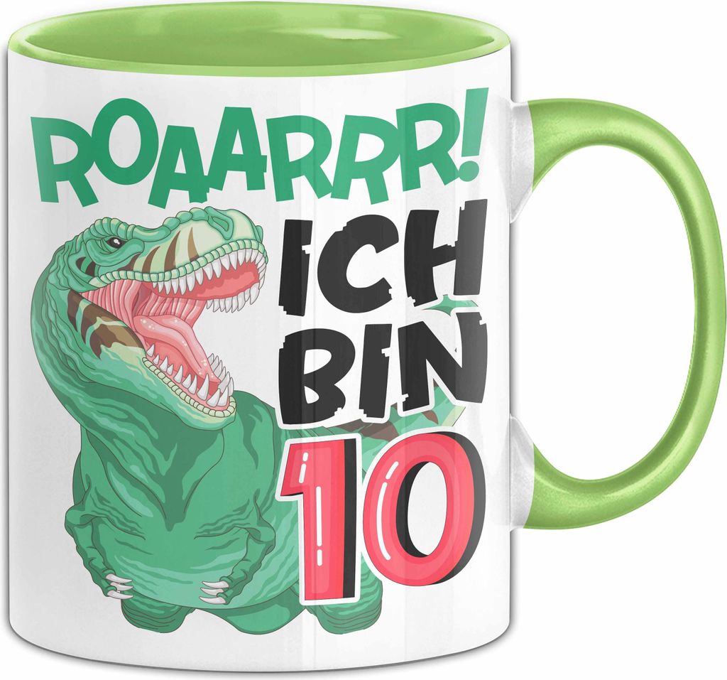 10. Geburtstag Geschenk Tasse Becher Jungs Dino T-Rex Roaarrr Ich Bin 10 (Grün)