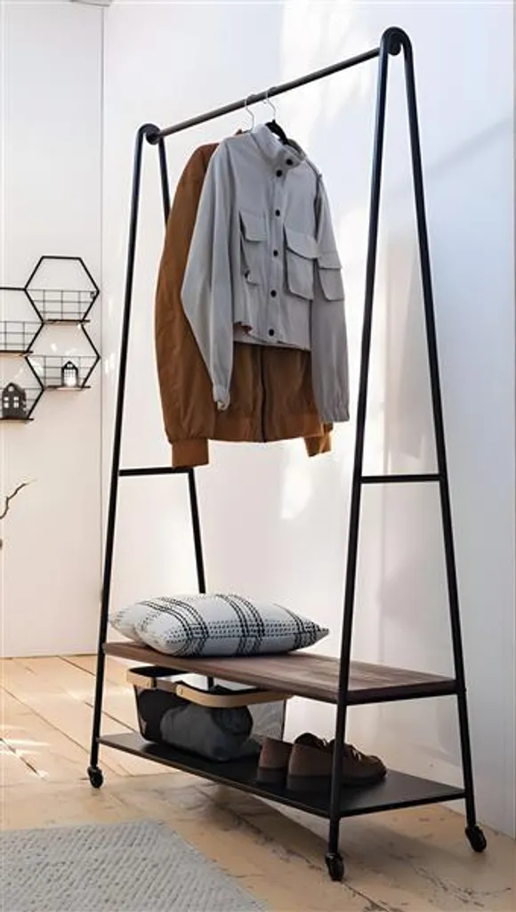 Vestiaire d'entrée mobile métal noir et bois pour ranger ses chaussures