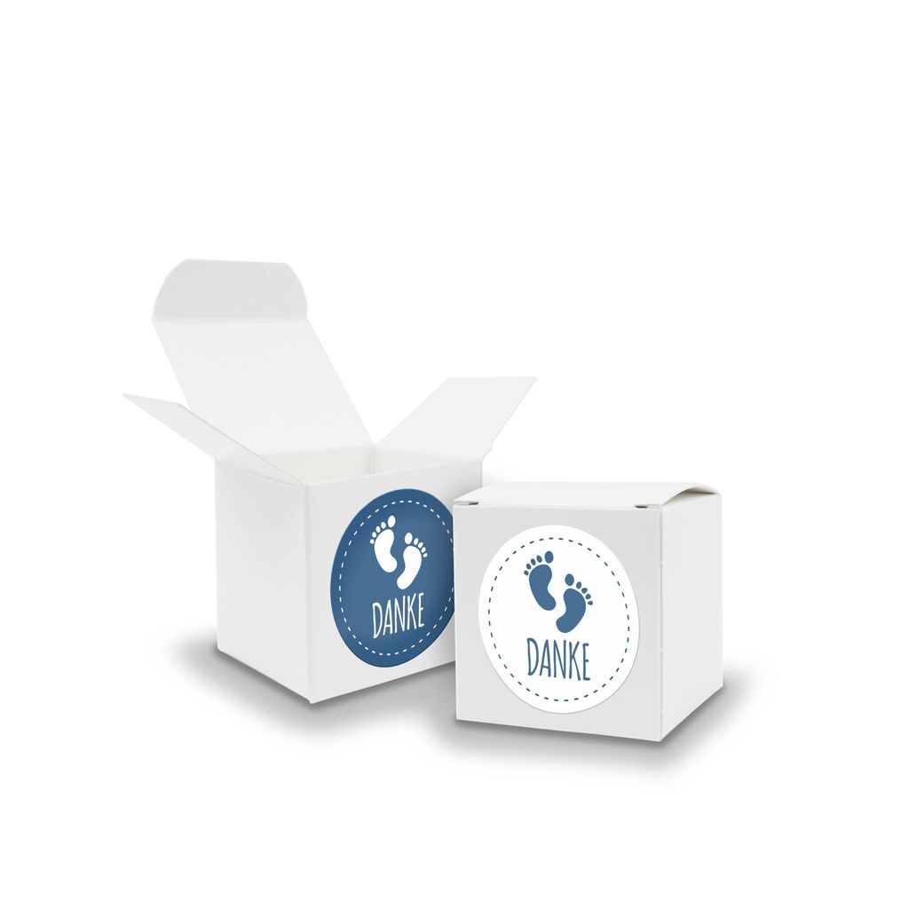 SET DANKE Fußabdrücke(Motiv29) 24x Faltschachtel Würfel 5cm weiß + Sticker