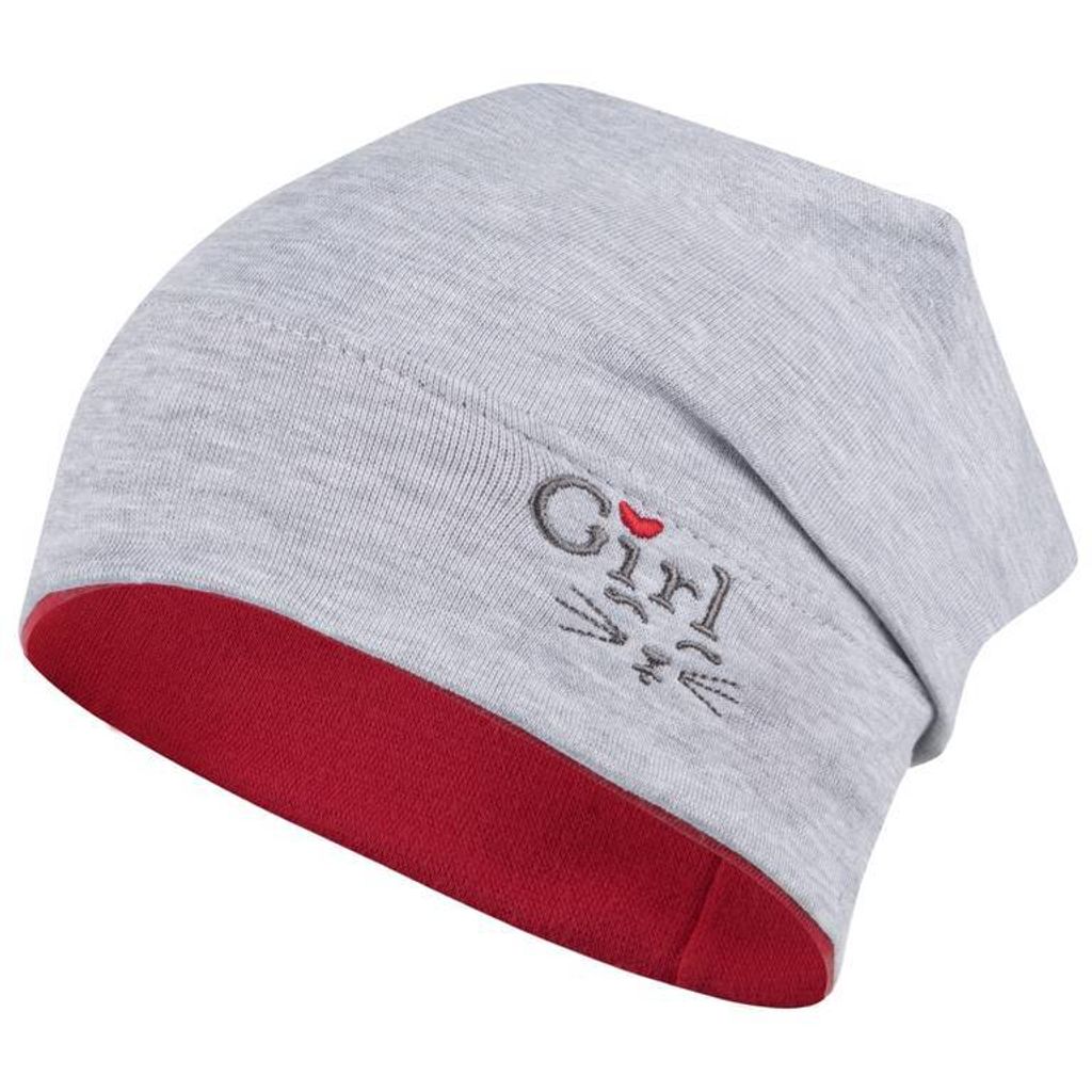 Mädchen Mütze Beanie Übergangsmütze Stoff grau Baumwolle, Gr. 52, Grau-Rot