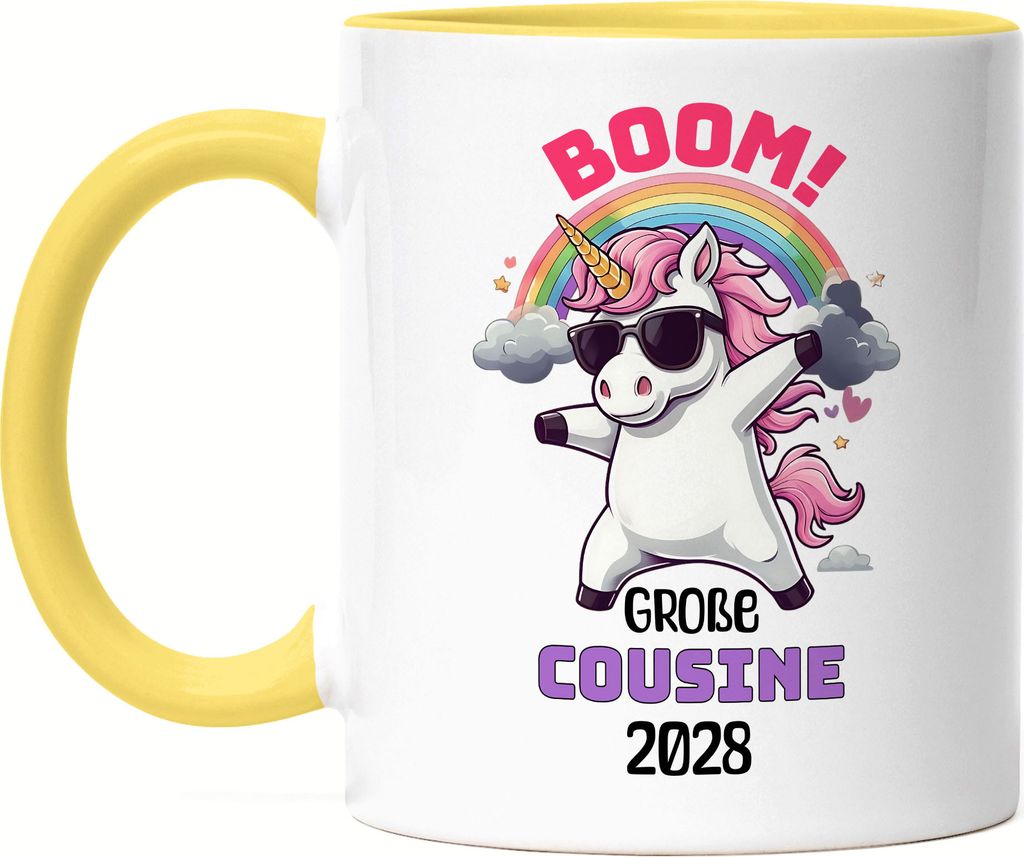 Boom Große Cousine 2028 Tasse Gelb Geschenk Einhorn Familienfreude Babyparty Überraschung Cousine