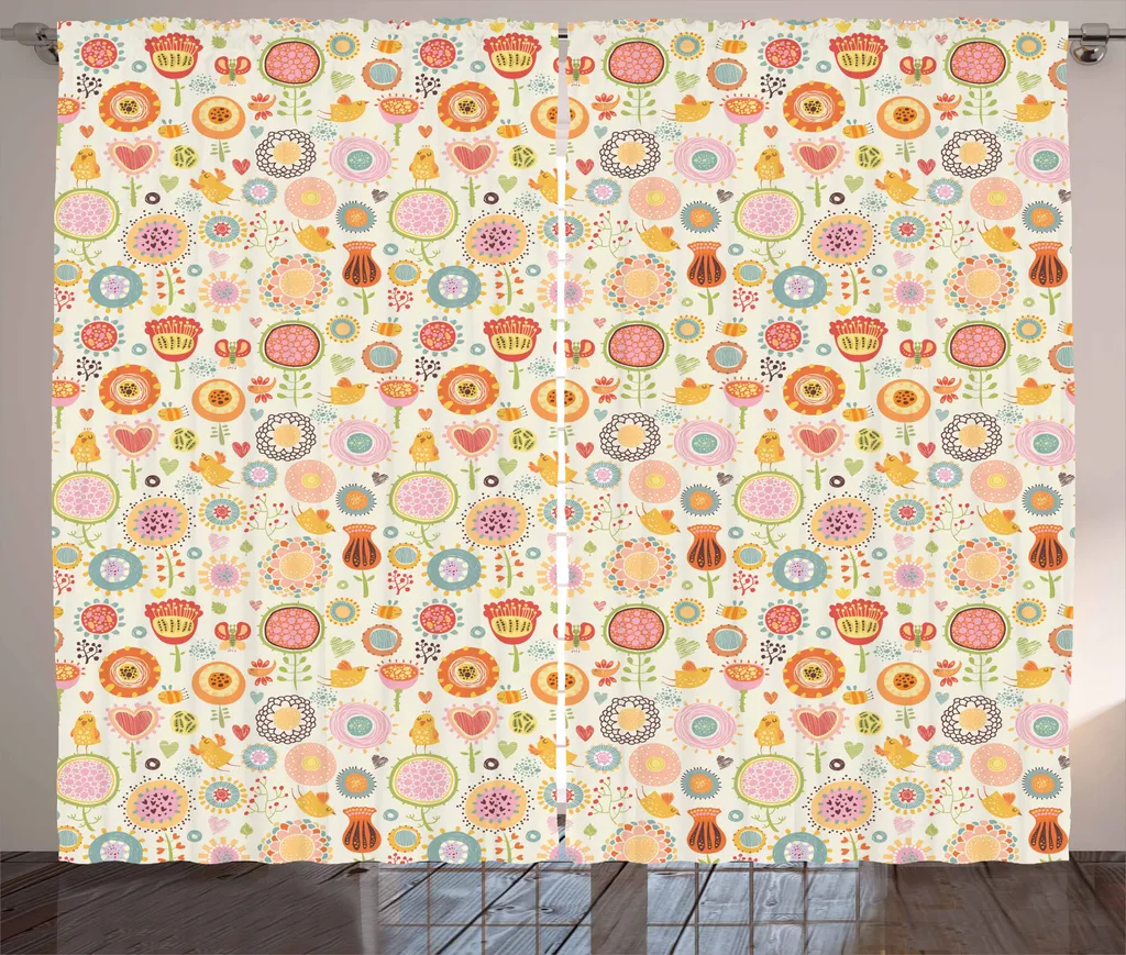 ABAKUHAUS Tenda rustica con fiori, api, uccelli e farfalle, tenda universale per soggiorno con passanti e ganci, 280 x 175 cm, multicolore