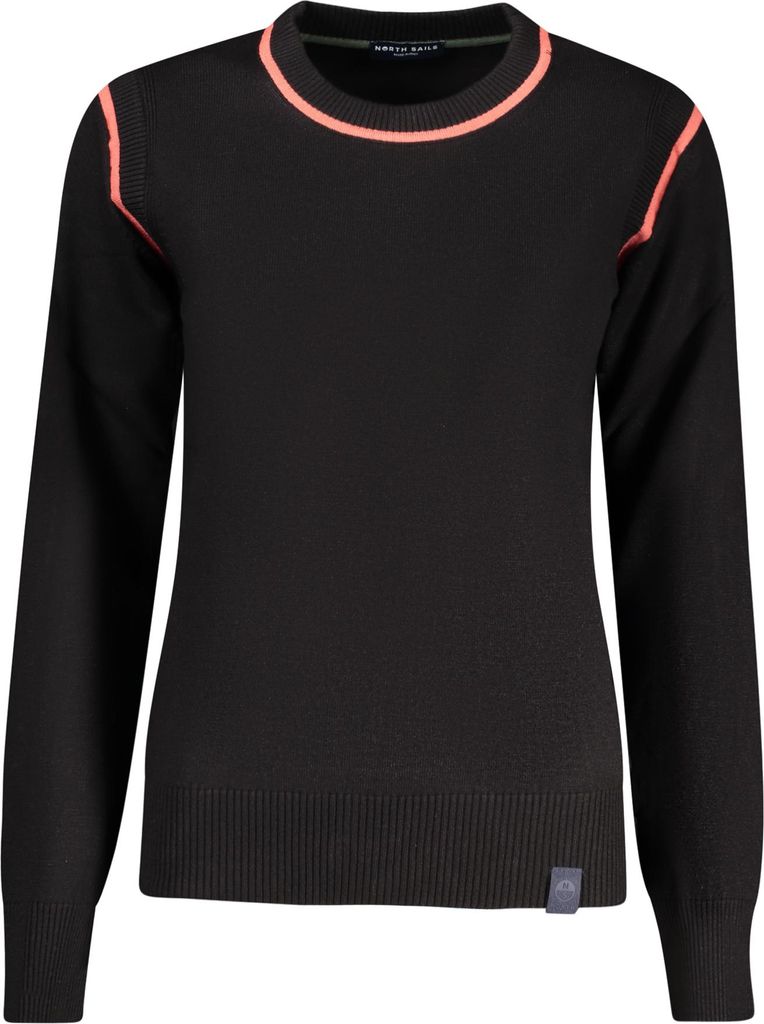 Damenpullover Schwarz: Langarmshirt mit Kontrastdetails & Rundhals