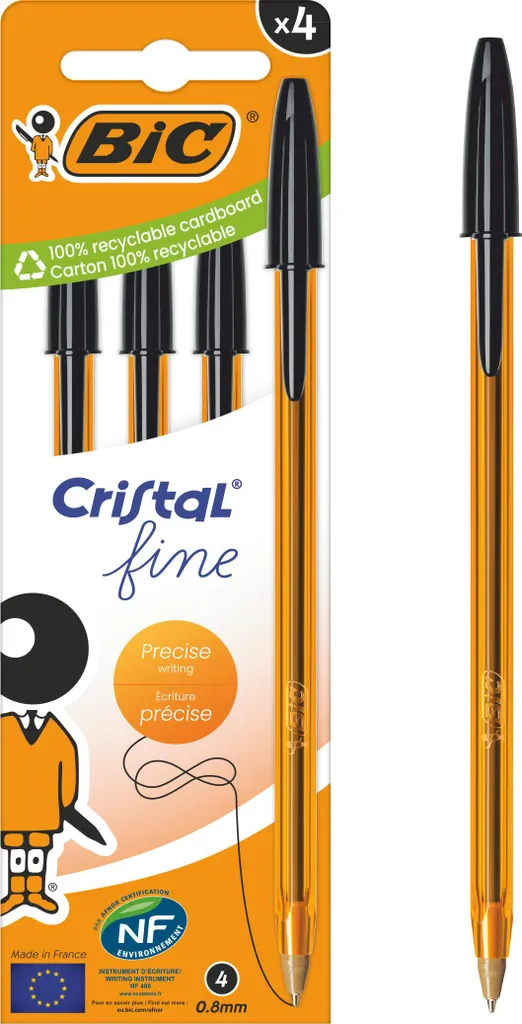 BIC Cristal Original Fine Nera - Confezione 4 Unità per Ufficio