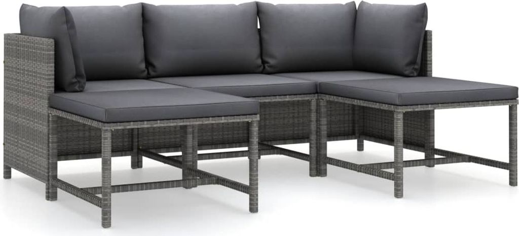 5-tlg. Garten-Lounge-Set mit Kissen Poly Rattan Grau